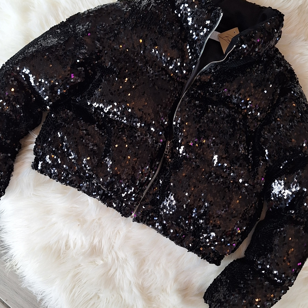 Shimmering Black Sequin Puffer Jacket
